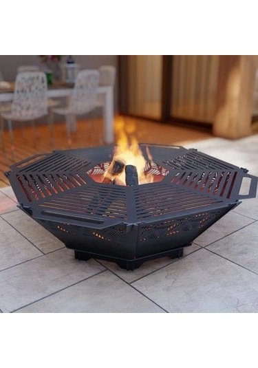 Oktagon Ateş Çukuru Izgaralı Sekizgen Barbekü Bahçenize Dekoratif Siyah