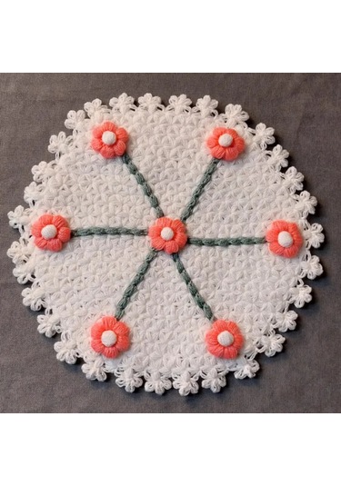 Uretti - Kenan 2196 - 8739 El Örgüsü Pembe Çiçek Motifli Beyaz 3'lü Lif Seti