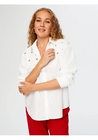 Faik Sönmez Taşlı Trok Aksesuarlı Poplin Kadın Gömlek W26gml008 Beyaz