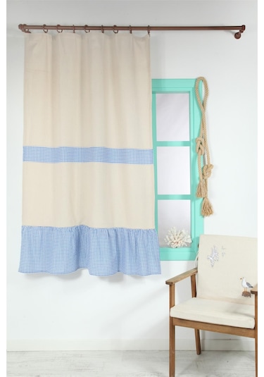 Naturel Fırfırlı Perde Kornişli Vintage Renkli MAvi