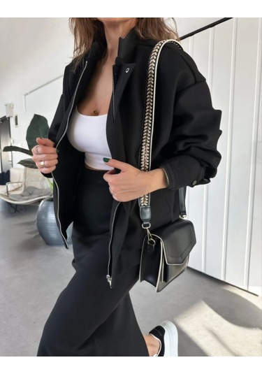 Ryse Mevsim Kaşe Fermuarlı Ceket Etek Takım Kaşmir Ceket Etekli İkili Takım Kaşe Bomber Ceket-etek Takım Siyah