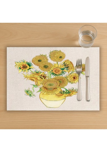 Ayçiçekleri Tasarımlı Amerikan Servis, Tabak Altlığı & Şık Masa Dekoru, Ev Hediyesi, 2 Adet Krem