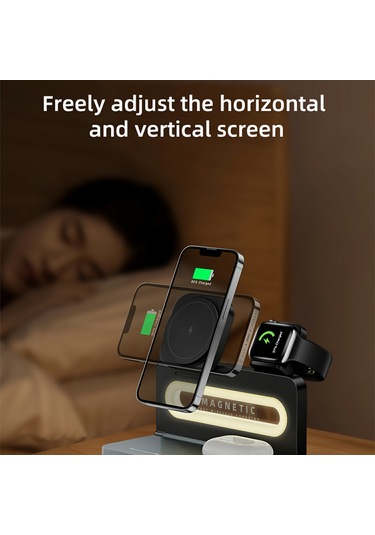 Ht-539 Masaüstü Gece Lambası 15w Manyetik Katlanabilir Telefon Saati Kulaklık Kablosuz Şarj Cihazı Siyah