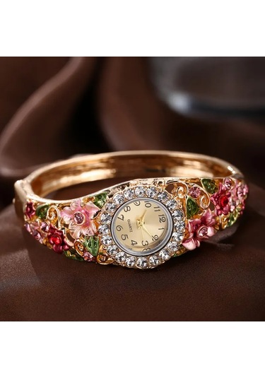 Bayan Kore Stili Moda 3d Çiçek Taşlı Süsleme Takı Saat Kombini Altın