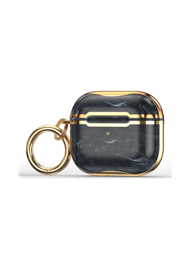 Mermer Doku Galvanik Çerçeve Kulaklık Koruyucu Kılıf Airpods Uyumlu 3 İçin Kanca İle Siyah + Altın Siyah + Altın