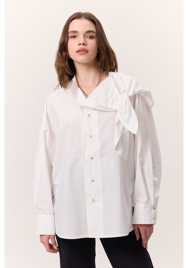 Bağlamalı Detaylı Tasarım Gömlek Ekru Ekru
