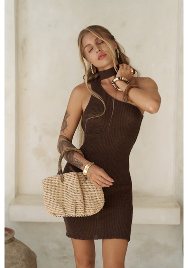 Budah Asimetrik Triko Kahve Mini Elbise Kahve