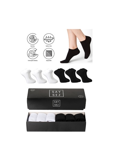 Saysez Bambu Erkek Patik Siyah-beyaz Çorap Dikişsiz Premium Kutulu 6'lı Siyah - Beyaz