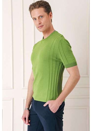 Slim Fit Bisiklet Yaka Kısa Kol Yeşil Triko Tr 869 Yeşil