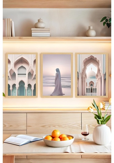Modern İslami Mimari Ve Huzur Temalı 3 Lü Tablo Seti Çerçeve Görünümlü Crvs1210 30 X 40