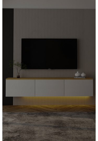 Neon Işıklı Duvara Monte Tv Ünitesi Beyaz - Safir Meşe