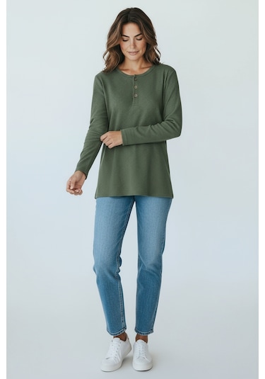 Kadın Yaka Düme Detaylı Mevsimlik Bluz Yeşil