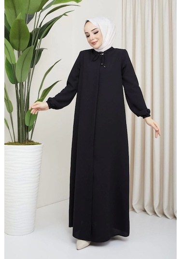 Salaş Kesim Yakası Bağcıklı Tesettür Ferace Siyah