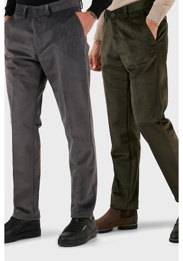 Buratti Normal Bel Regular Fit Düz Paça 2'Li Paket Erkek Kadife Pantolon 645Merlins2 Gri-Haki