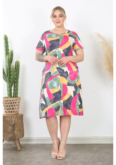 Kadın Pembe Gri Geometrik Desen Midi Elbise Pembe