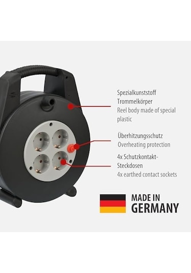 Vario Line Serisi Ip20 Lisanslı 4 Soketli 15 Metre Makaralı Kablo, Siyah, 1 Adet 12