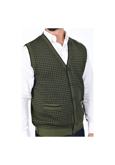 Kamalı Haki Erkek Çelik Örgü Düğmeli Cepli Kazayağı Desen Tüylenmeyen Triko Kışlık Kazak Yelek Haki