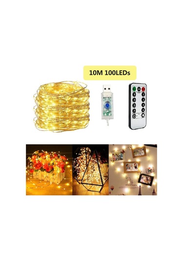 Hombey 10m 100 Led Bakır Tel Işıklı Zincir, 8 Modlu Usb Beslemeli, Islak Ortam Uygun, Kumral Beyaz Işık, Kumanda Kontrollü Ev Dekorasyon Aydınlatması Pil Yok Çok Renkli