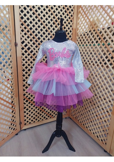 Uzun Kollu Barbie Elbise Rengarenk Pembe Gri