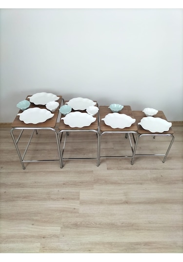 Evko Mobilya Buket Sehpa, 4'lü Zigon Sehpa, Dörtlü, Krom-ceviz