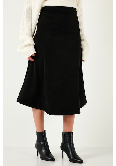 Lela Streç Regular Fit Yüksek Bel Midi Boy Süet Çan Bayan Etek 5866180 Siyah