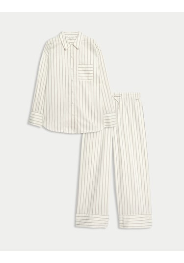 Marks & Spencer %100 Pamuk Saten Çizgili Pijama Takımı Krem Mix