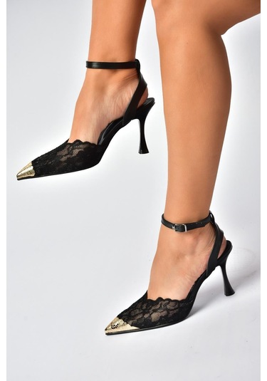 Fox Shoes Y752082806 Siyah Dantel İnce Topuklu Kadın Ayakkabı