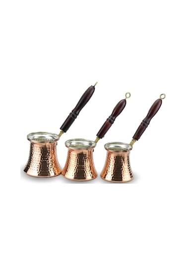 Ahşap Saplı Üçlü Bakır Cezve Takımı 3-4-5 Fincanlık