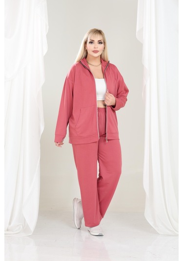 Kadın Büyük Beden Fermuarlı Uzun Kollu Rahat Günlük Eşofman Takım Pembe