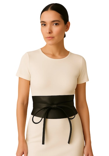 Kadın Kemer Deri Geniş Bağcıklı Siyah Siyah