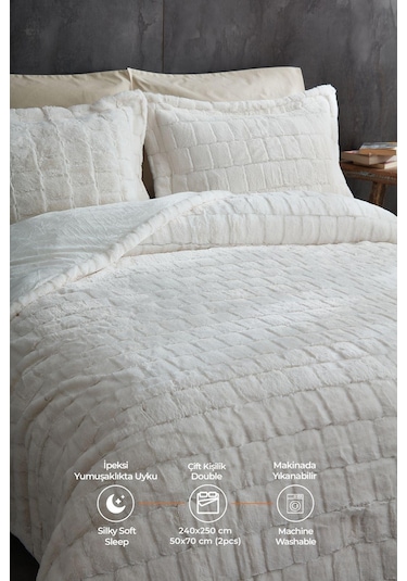 Evlen Home Çift Taraflı Kişilik Kürk Yatak Örtüsü Uyku Seti Yumuşak Dolgulu Wellsoft Peluş 3 Parça Benita Krem Krem