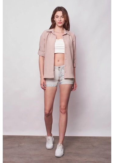 Kadın Keten Düşük Omuzlu Yakalı Kapri Kol Apoletli Gömlek -taş Taş