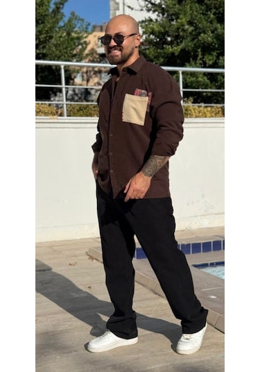 Serseri Jeans Erkek Bohem Etnik Cep Detaylı Gömlek Kahverengi