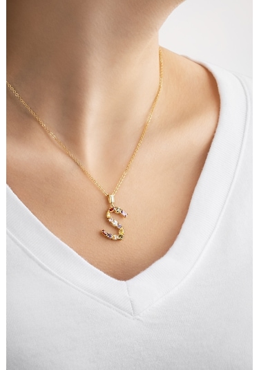 Mini S Harfi Günışığı Renkli 18 Ayar Sarı Altın Kaplama Gümüş Kolye