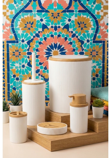 Makri Home Banyo Seti 5'li, Beyaz, Ahşap Desenli, Yuvarlak