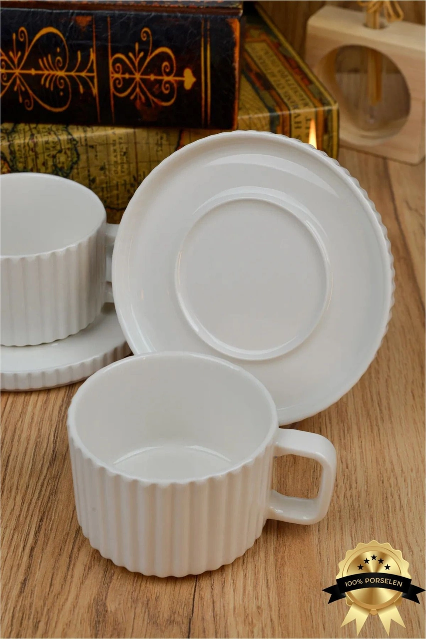 Satürn 4 Parça 2 Kişilik Porselen Çay Fincan Seti Beyaz