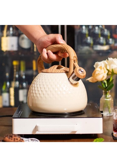 Valkyrie Modern Tasarım Düdüklü Kettle 3l Paslanmaz Çelik Ergonomik Su Isıtıcı Çaydanlık Islıklı Krem