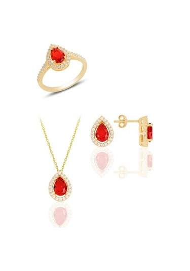 Gümüş Altın Yaldızlı Taşlı Damla Modeli Üçlü Set