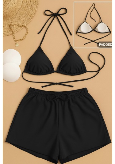 Modadua Kadın 3'lü Set Siyah Şortlu Ve Yandan Bağlamalı Bikini Mayo Takımı