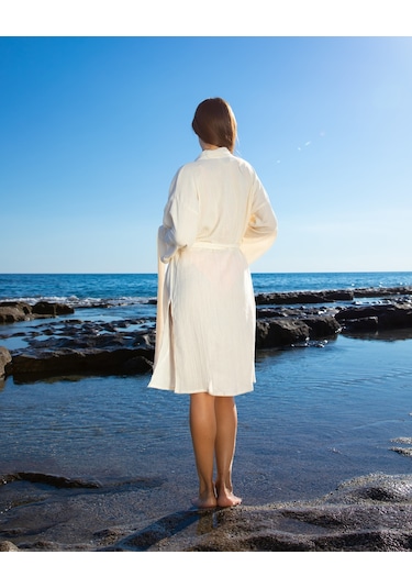 Litustyle Ham-Naturel Double Face & %100 Pamuk Müslin Kimono, Kaftan, Pareo Beyaz