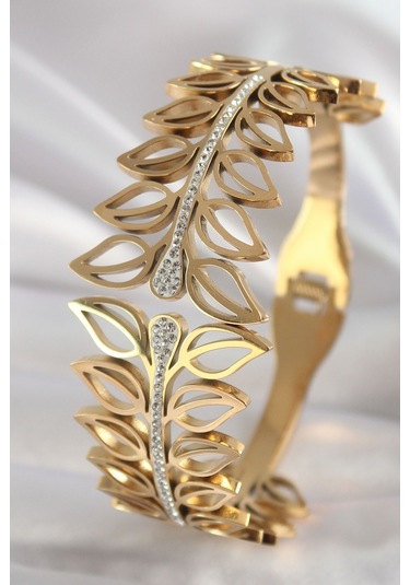 316l Çelik Gold Renk Zirkon Taşlı Detay Yaprak Model Kadın Kelepçe