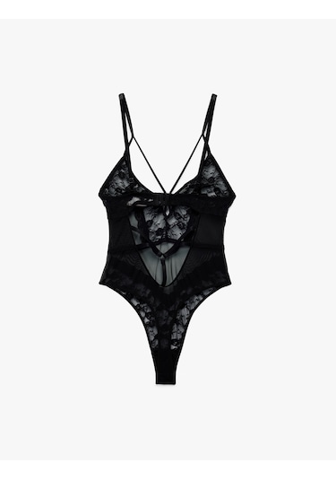 Koton Derin V Yaka İnce Askılı Transparan Dantelli Bodysuit Siyah 6wlk00004mk Siyah