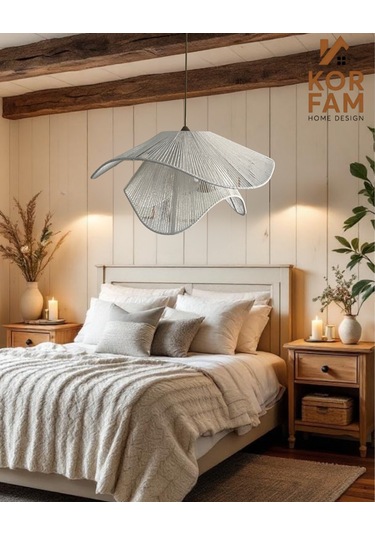 Breeze Modeli - Hasır El Yapımı Bohem Asimetrik Şekilli Rustik Avize - Beyaz Beyaz