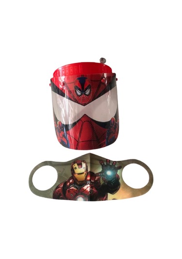 Gürbey Spiderman Baskılı Çocuk Siperlik + Iron Man Desenli Çocuk Maske