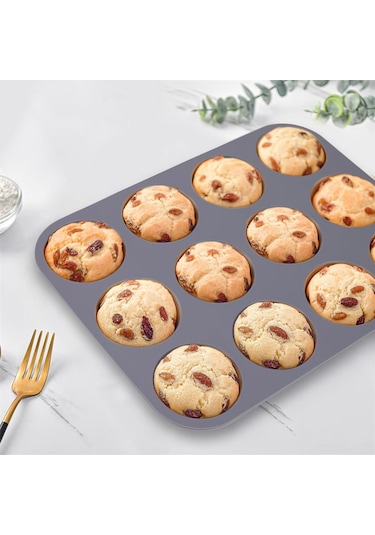 Qingmipy 3 Adet Silikon Muffin Kalıbı 12 Lü, Anti Yapışkan, Normal Boyut - Muffin, Tart, Ekmek Pişirme İçin Mavi - Pembe - Gri