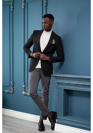 Apartro Regular Fit Mono Yaka Çift Yırtmaç Torba Cep Armürlü Tek Ceket Siyah