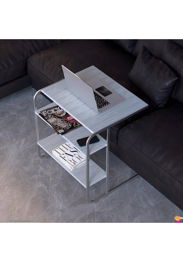 Modilayn C Yan Sehpa Geniş Boy Tekerlekli Çalışma, Atıştırmalık, Yemek, Laptop Sehpası Beyaz Çizgili Beyaz