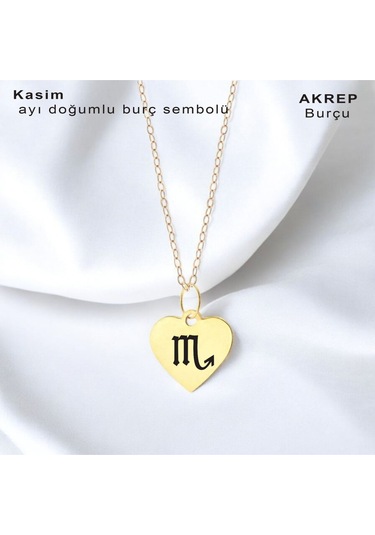 Archin Kasım Ayı Doğumlarına Özel Kalp Motifli Zincirli 14 Ayar Altın Plakalı Hediyelik Kolye-352ay Kasım