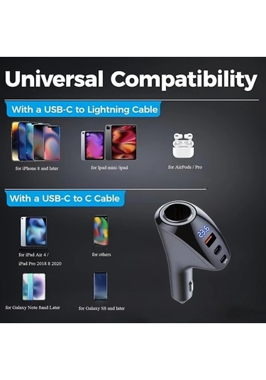 Chuangyinshop 1 Pc Adapter & A To C Kablolu 170w Max 4 Portlu Usb C Araç Şarj Cihazı 12v/24v Dual Pd Hızlı Şarj İphone İpad Galaxy İçin