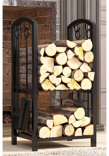 5 Li İthal Metal Oval Odunluk Raflı Şömine - Soba Maşa Takımı Aksesuar Seti